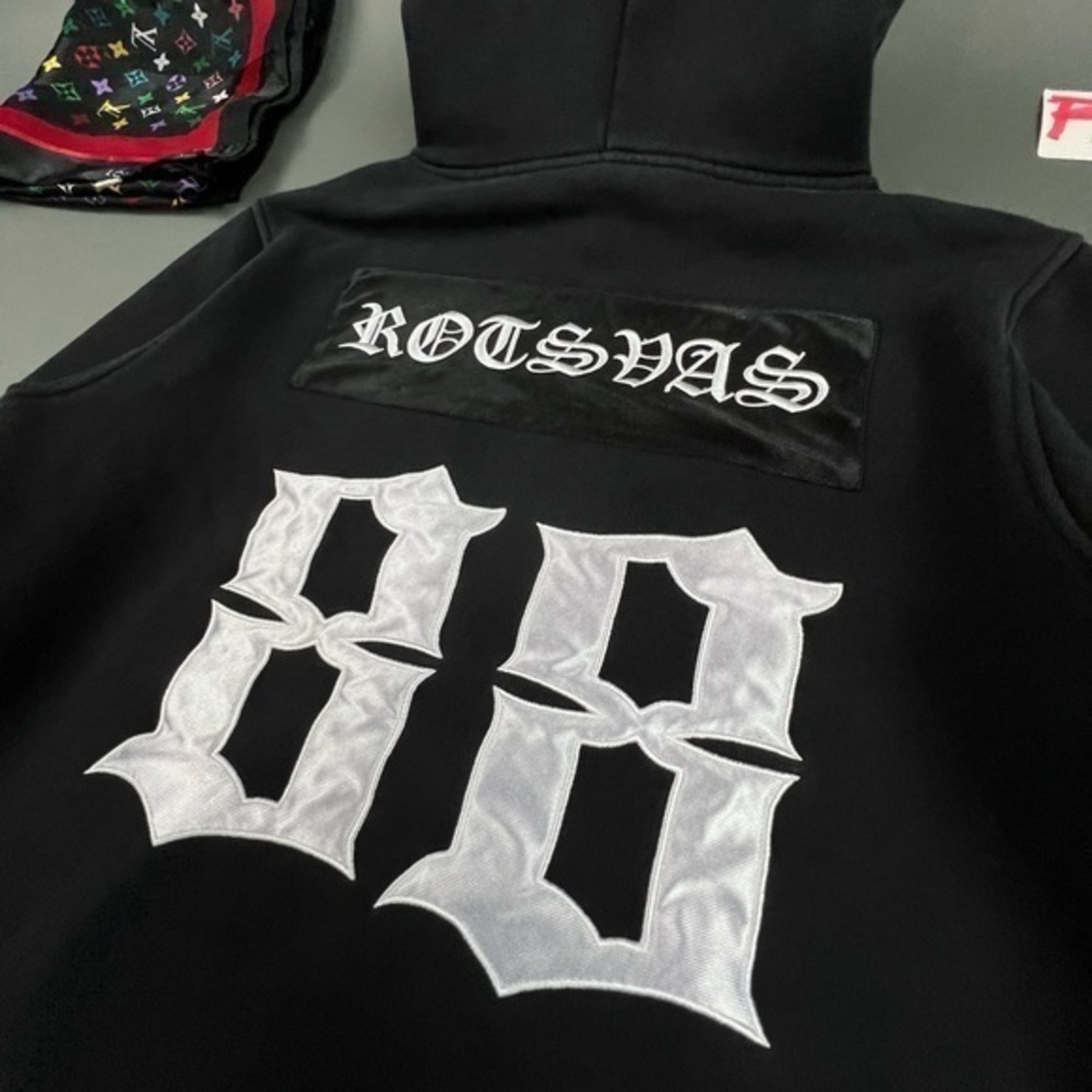 ROCK STEADY Gothic Script Embroidered Spell Out Double Sided Boxy Hoodie